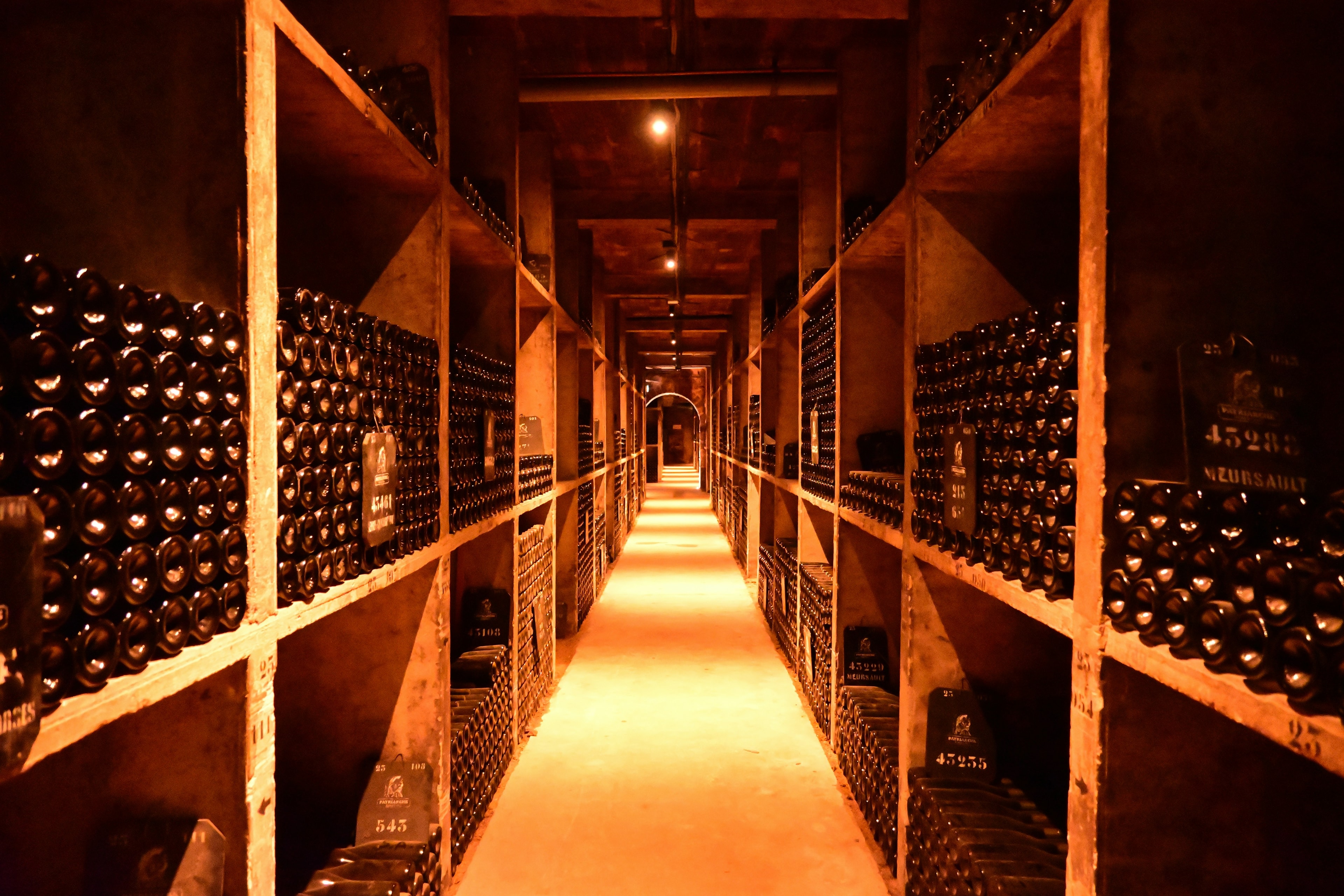 Cave à vins avec des fûts de chêne dans une atmosphère sombre et luxueuse